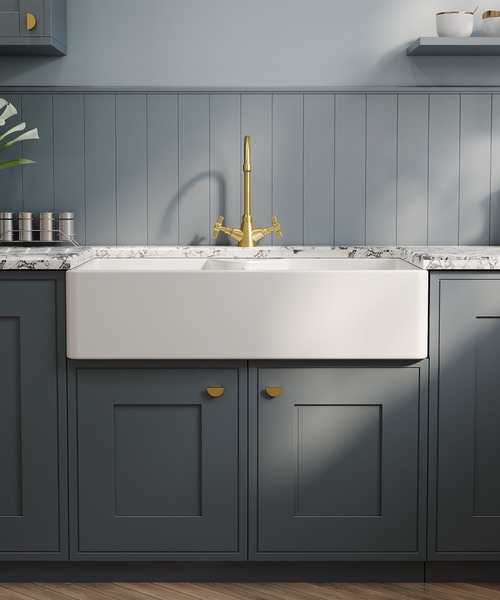 Alternate image of Nuie Butler Fireclay 895 x 550mm Stepped Weir Double Bowl Sink