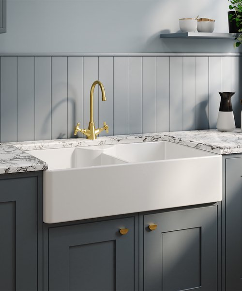 Alternate image of Nuie Butler Fireclay 895 x 550mm Stepped Weir Double Bowl Sink