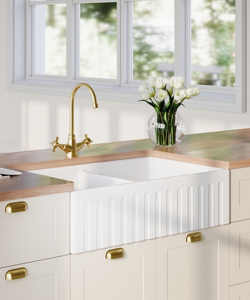 Alternate image of Nuie Butler Duble Bowl 795 x 500mm Fireclay Stepped Weir Kitchen Sink