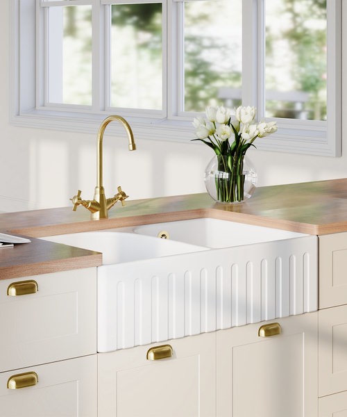 Additional image of Nuie Butler Fireclay 795 x 500mm Fluted Full Weir Double Bowl Sink