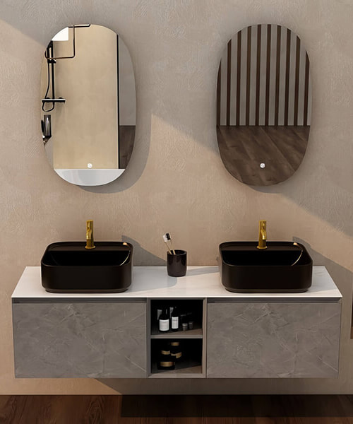 Alternate image of IMEX Ravine Open Shelf Wall Hung Two Drawer Double Basin Vanity Vanity Unit - 1500 x 400mm