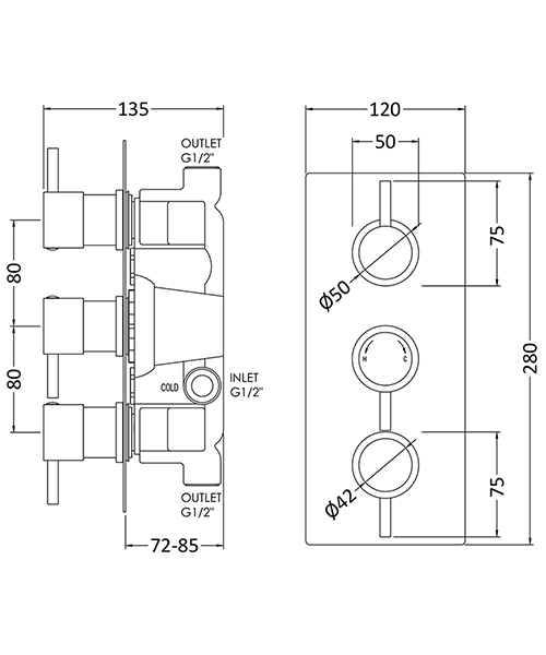 Additional image of Nuie Quest Thermostatic Triple Concealed Shower Valve Chrome