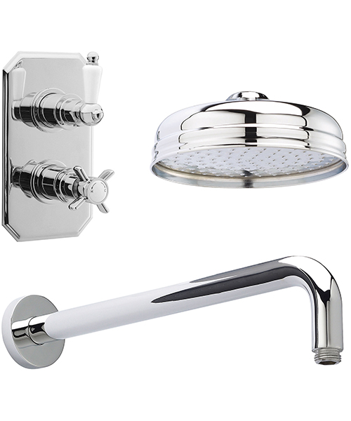 Nuie Chrome Traditional Twin Thermostatic Valve With Arm And Fixed Head
